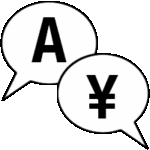 Icon für Mehrsprachigkeit - Zwei Sprechblase, einmal mit einem A und das andermal mit einem Yen Symbol